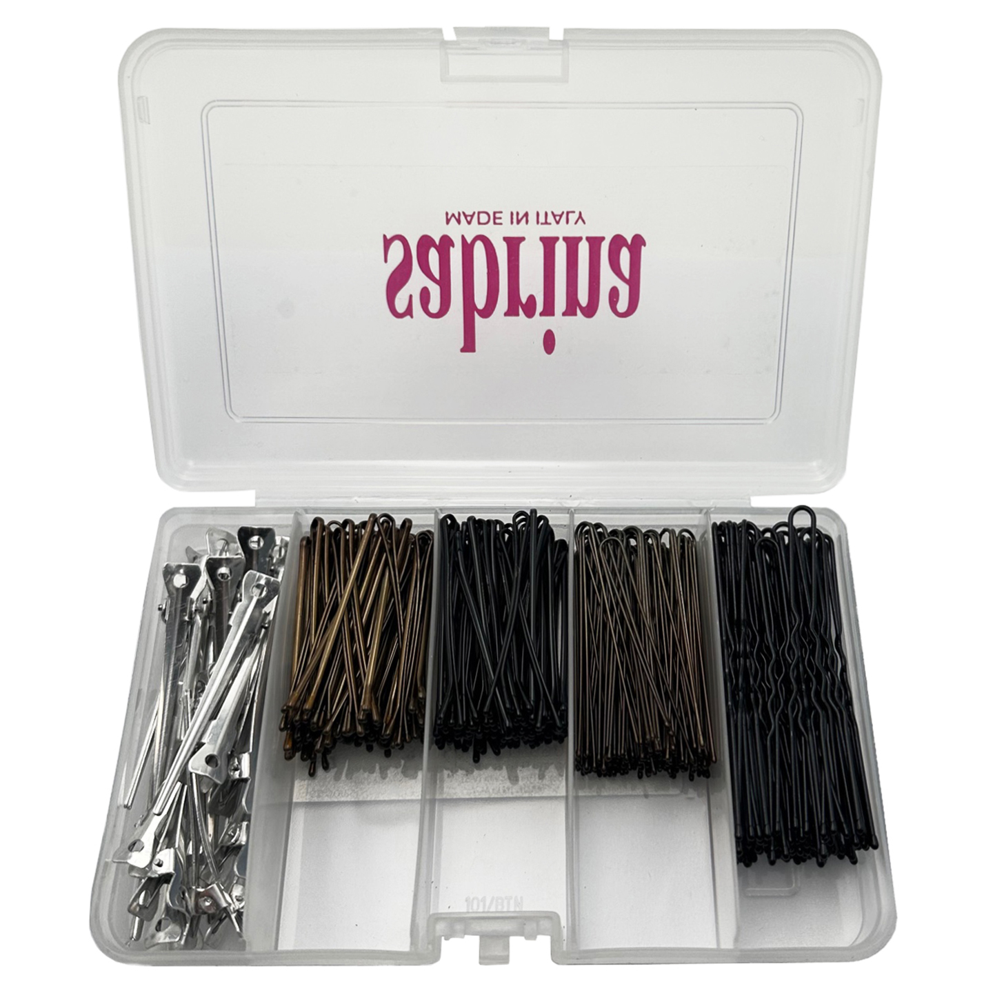 000000008KIT05 Item 8KIT05 Professional Sabrina Kit Hair Grips - Hair Pins - Hair Clips Polypropylene Box of 270 pcs: n. 20 Aluminium Hair Clips, n. 60 Hair Grips mm 51 Plain Brown, n. 60 Hair Grips mm 51 Plain Black, n. 80 Invisibles "Hair Set" mm 56 Plain Brown, n. 50 Hair Pins "Strong" ball pointed mm 75 Waved Black - Image 1